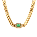 Golden Cuban link necklace featuring a rectangular green gemstone and zircon accents - Cuban Link Embellished (N2846-B0281) / Necklace-Green