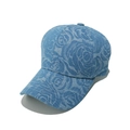 Close-up of blue denim baseball cap featuring vintage rose floral pattern and stitching - M (56-58cm) / Blue