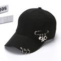 Fashionable black baseball cap with silver metal rings and pin heart star charms - Large Safety Pin - Black