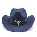 Deep blue suede western cowboy hat with ethnic band and silver bull head ornament - M (56-59cm) / Navy Blue Suede