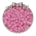 Detailed view of 8x7mm translucent pink apple beads stored in a silver gift container - Pink White Apple Lampwork Beads