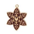 Detail of flower-shaped golden alloy pendant with maroon enamel and heart pattern engraving - 10Pcs Chocolate Leaf Enamel Alloy Charms