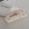 Creamy white hair claw clip with pink floral plaid bow design on a clean background - Cream Floral Cloud