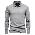 Graues Langarm-Poloshirt für Herren aus Baumwolle mit Reißverschlusskragen und Stickerei - XL / Hellgrau