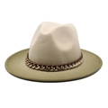 Detail of fedora hat with beige crown, olive green brim, and gold chain ribbon trim - M (56-58cm) / Beige & Army Green