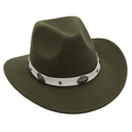 Close-up of olive green wool fedora with white leather band and silver carved buckles - Army Green