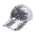 Detail of silver sequined baseball cap showing reflective sequins and breathable mesh - Adjustable / Silver