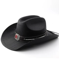 Classic black straw cowboy hat with vintage silver buckle and red gemstone detail - M(56-58cm) / All Black