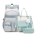 Student backpack 3-piece set in grey and mint green with JIANGLU logo and plush charm - Three-Piece Set / Grey Blue