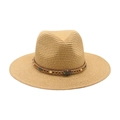 Classic light brown fedora straw hat with bohemian turquoise bead and wood trim - Beige