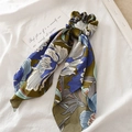 Large satin hair scrunchie with green and blue floral pattern and long ribbon streamers - Green Satin Floral