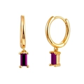 Elegant gold hoop earrings with rectangular purple zircon pendants on white background - Gold + Ruby Zircon