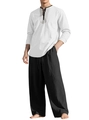 Men's linen casual set with white long sleeve henley top and black wide leg trousers - White + Black