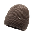 Winter rib-knit beanie in dark chocolate brown with a metal sport brand tag - Khaki