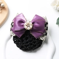 Purple satin nurse hair bow with pearl center and black snood net for bank professionals - Six Pearls Lace Gold Edge Purple