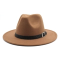 Detail of a brown fedora hat featuring a black leather woven band and silver metal buckle - M (56-58cm) / Khaki