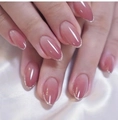 Macro detail of oval press-on nails with pink gradient and silver glitter french tips - Pink Purple Gradient Silver Glitter French Tip (A02)