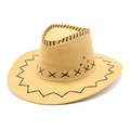 Close-up of khaki suede cowboy hat featuring black contrast stitching and metal eyelets - M (56-58cm) / Camel