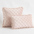 Pink velvet rhombic quilted square and lumbar pillows with pom-pom trim accents - Pink