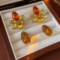 Vintage acorn floral earrings with orange resin drops and antique gold finish - Silver Earring Post Amber Flower Acorn Drop Earrings