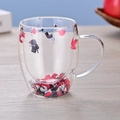 Double wall glass coffee mug with red dried flowers inside and clear handle - 350ml-Dark Dried Petals
