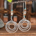 Bohemian retro drop earrings with silver nested rings and sky blue turquoise beads - Three Layer Concentric Rings (S1836)