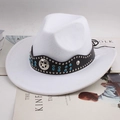Classic white wide brim felt fedora hat featuring star badges and blue rhinestones - Rhinestone Arc Strap / White