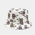 Top view of a white canvas bucket hat featuring colorful artistic cartoon owl patterns - Colorful Owl Print