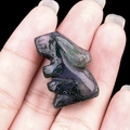 Miniature hand-carved labradorite rabbit gemstone with green and purple iridescence - India Agate