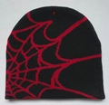 Gestrickte Beanie-Mütze mit rotem Spinnennetzmuster auf schwarzem Grund für Hip-Hop-Style - Schwarz mit rotem Netz