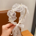 White lace headband with pearls and long ribbons for girls' sweet hair styling - Ethereal Flower