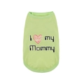 Detail of green cotton dog vest featuring a red heart and I love my Mommy print - Green
