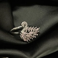 Macro shot of silver swan ring with pink marquise gems and white zirconias on dark silk - Adjustable Open / Silver Pink Stone Swan