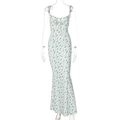 Detail of white floral sundress showing tie-up chest design and mermaid hemline - S / Green