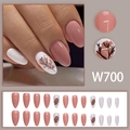 Uñas postizas largas de almendra brillantes en rosa Morandi y blanco con dibujos de ramas a mano - Estilo de Rama Pintada a Mano Rosa Loto y Blanco (W700) / Juego de 24 Piezas Con Pegamento