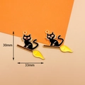 Halloween black cat on broom alloy pendant in black and gold finish, 30mm x 33mm size - 4# Black Cat on Broom