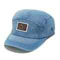 Detail of light blue denim 5-panel camper hat with brown patch and metallic eyelets - M(56-58cm) / Blue
