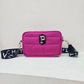 Quilted nylon crossbody bag in magenta with a bold letter logo and wide black strap - Rose Red
