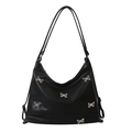 Borsa tote vintage in pelle PU nera con fibbia a farfalla in strass argento lucido - Nero