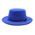 Detail of royal blue wool boater hat with black leather belt and silver buckle - M (56-58cm) / Blue