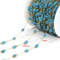 Golden stainless steel chain with 3.5mm sky blue beads for DIY jewelry making - 3.5mm Blue Flat Beads-1mm Gold Chain