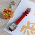 Vintage rectangular quartz watch with rose gold case and red crocodile leather strap - Rose Gold Case Red Strap