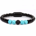 Detail of turquoise beads and black braided leather strap with magnetic metal clasp - Blue Turquoise