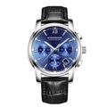 Elegant men's watch with blue sunburst dial, date display, and black leather strap. - Black Leather Strap Silver Case Blue Dial