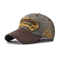 Detail of vintage washed denim baseball cap with yellow embroidery and suede brim - Adjustable / Green