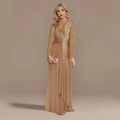 Detail of gold sequin evening gown with deep V-neck, long sleeves and mermaid tail hem - US size 2 / Tops / Champagne