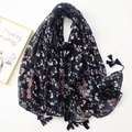 Navy floral cotton linen scarf with elegant pink prints and tassels for women - C1197 Navy Floral