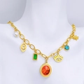 Gold bohemian necklace with pearl, turquoise square, and eye charms on a mannequin - Oval Stone