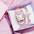 Elegant rose gold square watch with crystal bezel and matching star charm bracelet gift set - Square Watch + Bracelet Set / Pink