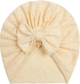 Dettaglio del turbante per neonati giallo crema con ricamo traforato e grande fiocco decorativo - Beige